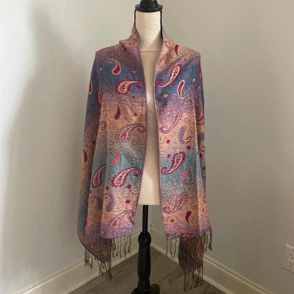 Pashmina Silk Shawl Paisley Print Lightweight Fringe Stole Boho Chic Artsy Wrap - Picture 3 of 12